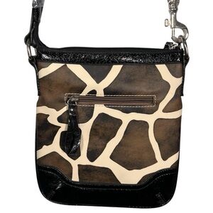 Animal Print Crossbody Purse Vegan Brown White Black Patent Faux Leather 2way